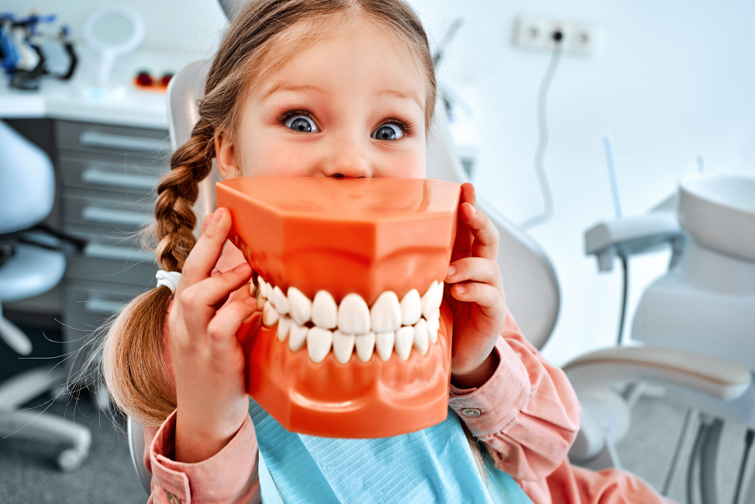 Portrait of a girl holding a model of a jaw with teeth while sitting in a dental office, looking at the camera and grimacing. Children's dentistry.